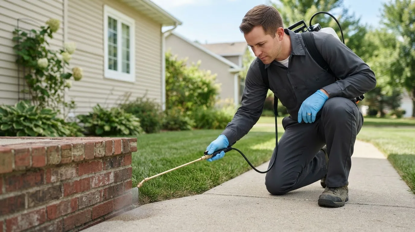 Pest control technician treating a home near Weaverville, NC